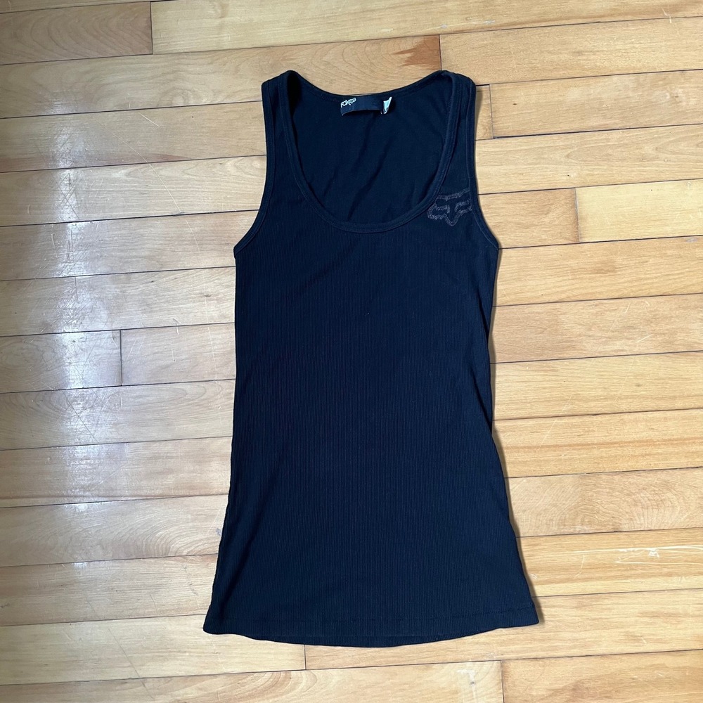 Fox Racing Womens Ribbed Tank Top Black Rhinestone Logo Scoop Neck Medium
